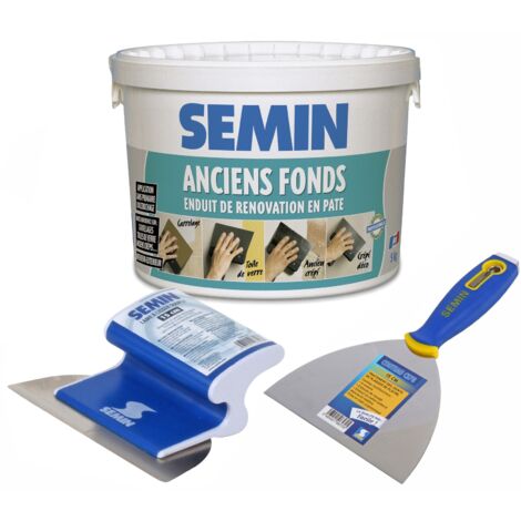 Enduit de rénovation pour les supports irréguliers Anciens Fonds Semin - intérieur/extérieur - seau de 5 kg, un couteau à enduire - 15 cm et une lame CE 78 pour enduire et lisser - 15 cm