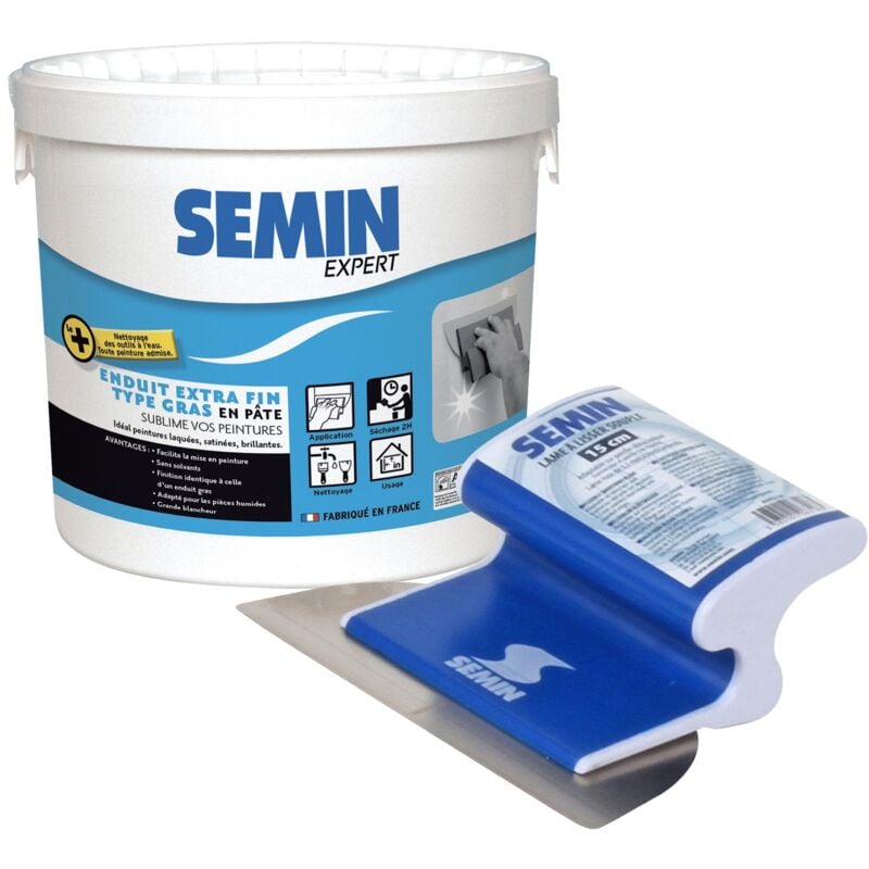 Enduit extra fin Semin lissage type gras, sans solvants, séchage rapide - intérieur/extérieur - seau de 1,5 kg et une lame ce 78 pour enduire et