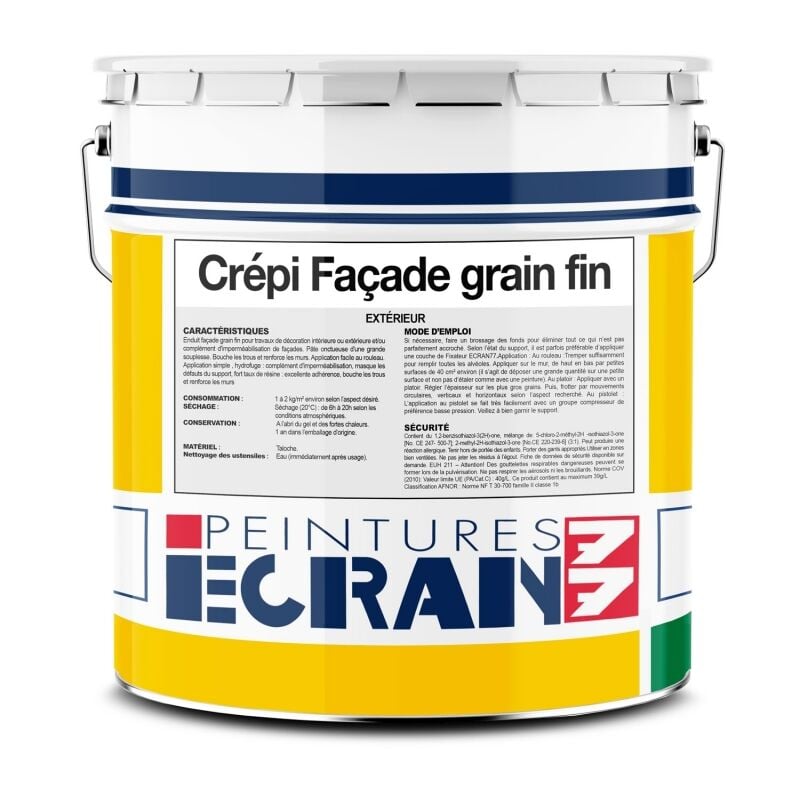 Enduit façade, crepi grains fins extérieur, renforce les murs, masque les défauts, application rouleau, prêt à l'emploi ECRAN 77 ffffff 25 Kg