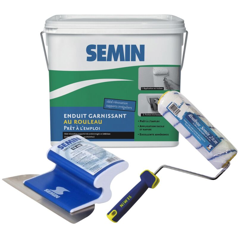Enduit garnissant Semin pour la rénovation des supports très endommagés - intérieur - seau de 10 kg, Rouleau pour application d'enduit - 23 cm, une
