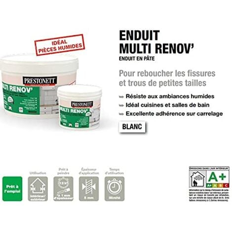 Enduit Lissage et Rebouchage 3 en 1 PRESTONETT MULTI RENOV en Pot 4 KG en Pâte pour Intérieur et Extérieur