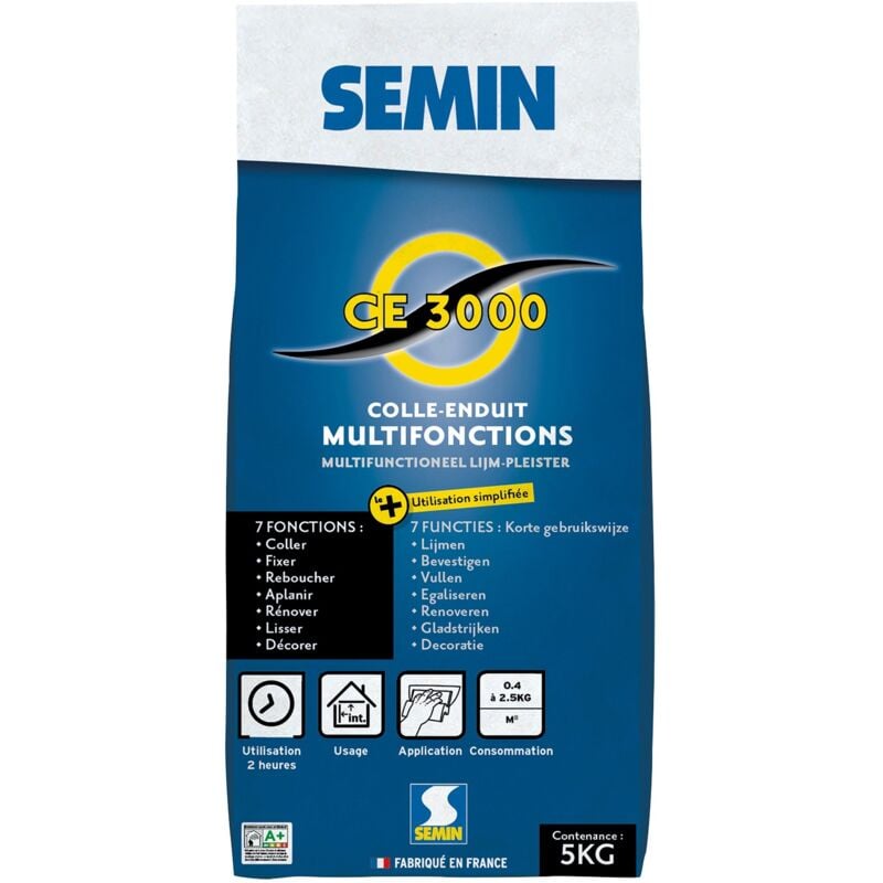 Semin - Enduit multifonctions ce 3000 pour coller, fixer et reboucher - intérieur - sac de 5 kg