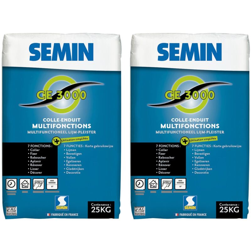 Enduit Multifonctions Semin ce 3000 - pour Coller, Fixer, Reboucher, Aplanir, Lisser et Décorer - Intérieur - Sac de 25 kg (lot de 2)
