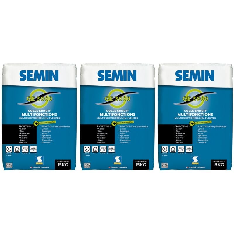 Enduit Multifonctions Semin ce 3000 - pour Coller, Fixer, Reboucher, Aplanir, Lisser et Décorer - Sac de 15 kg (lot de 3)