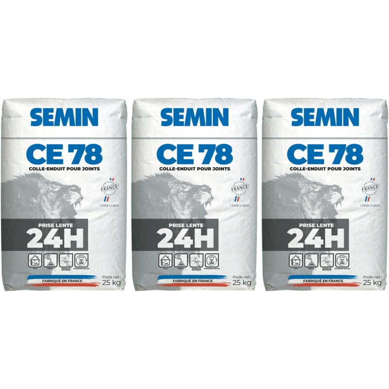 Enduit pour Joints de Plaques de Plâtre Semin ce 78 Lent - Temps de Prise 24 Heures - Sac de 25 kg (Lot de 3)