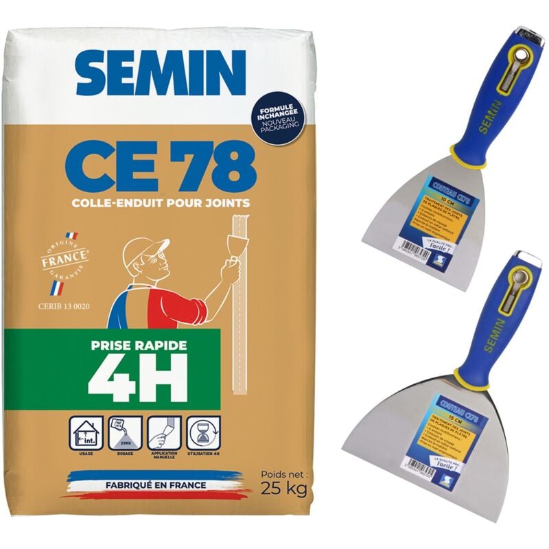 Enduit pour réaliser les joints de plaques de pâtre ce 78 Rapide Semin intérieur - sac de 25 kg, un couteau à enduire multifonctions - 10 cm et un