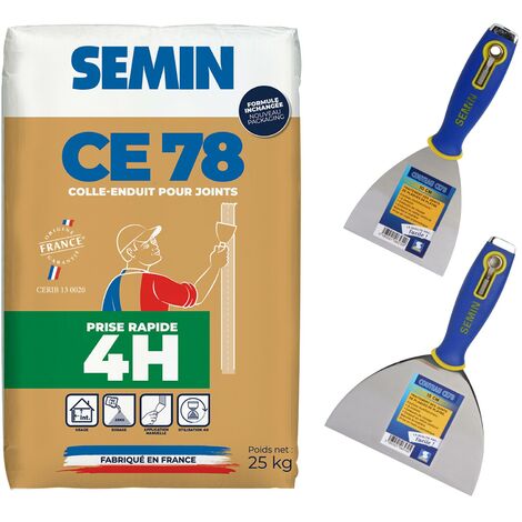 Enduit pour réaliser les joints de plaques de plâtre CE 78 Rapide Semin - intérieur - sac de 25 kg, un couteau à enduire multifonctions - 10 cm et un couteau à enduire - 15 cm