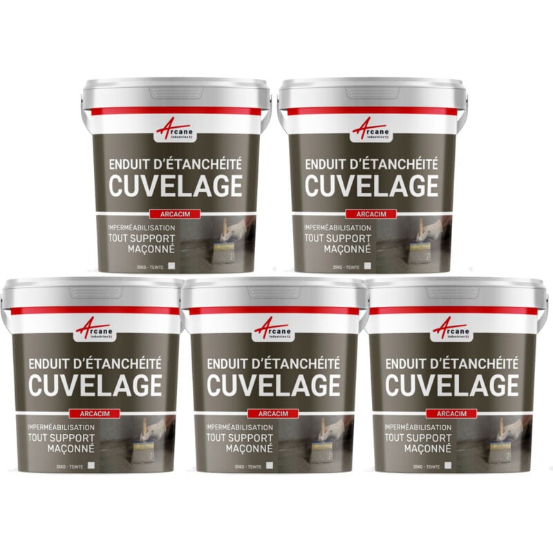 Enduit d'Etanchéité Hydrofuge - Enduit de Cuvelage pour béton, support maçonné arcacim - Offre Spéciale : 5 x 25 Kg Gris Arcane Industries