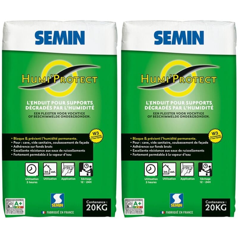 Enduit Spécial Maçonnerie Humides Semin - Humi'Protect - Intérieur/Extérieur - Poudre - Sac de 20 kg (lot de 2)