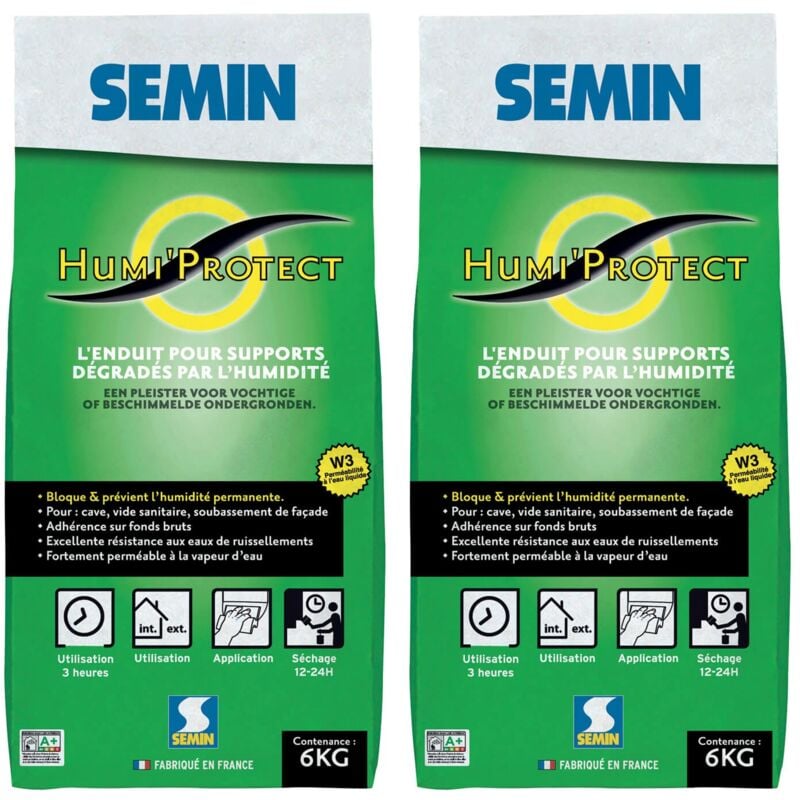 Enduit Spécial Maçonnerie Humides Semin Humi'Protect - Intérieur/Extérieur - Poudre - Sac de 6 kg (lot de 2)