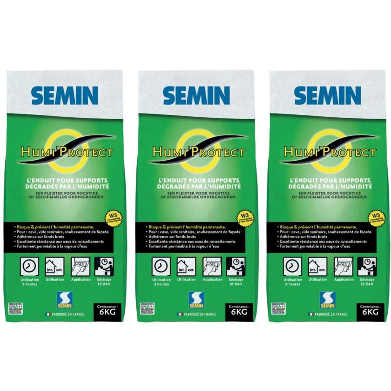 Enduit Spécial Maçonnerie Humides Semin Humi'Protect - Intérieur/Extérieur - Poudre - Sac de 6 kg (lot de 3)