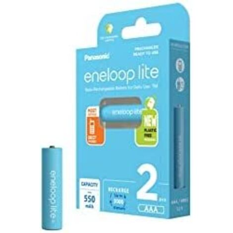 eneloop Lite, Pilas Recargables AAA/Micro, Paquete de 2, Capacidad de mín. 550 mAh, Pilas Ni-MH, Listas para Usar, Recargables hasta 3000 Veces, Embalaje sin plástico, Lite, Azules