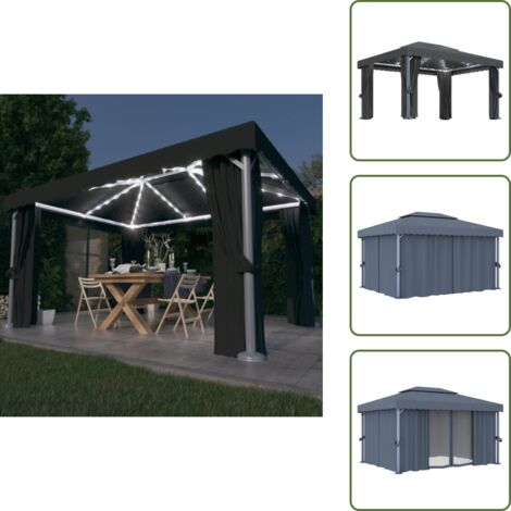 Energía solar - vidaXL Cenador con cortina y tira de luz LED aluminio antracita 4x3 m - Patio