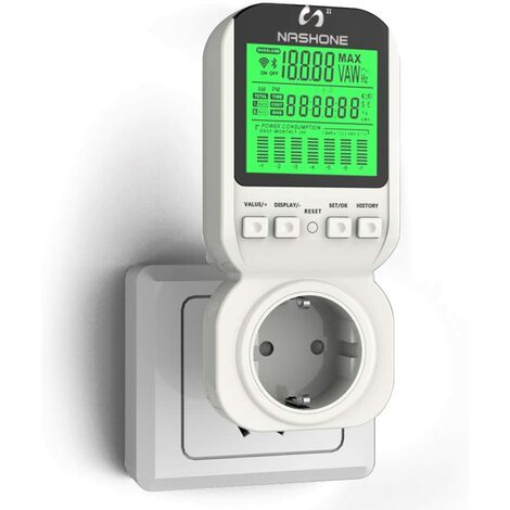 Energiekostenmesser, Stromzähler, Sicherheitsschalter, KWh-Meter, Energiekosten-Messgerät mit LCD Bildschirm, Stromzählerbuchse, 3680W