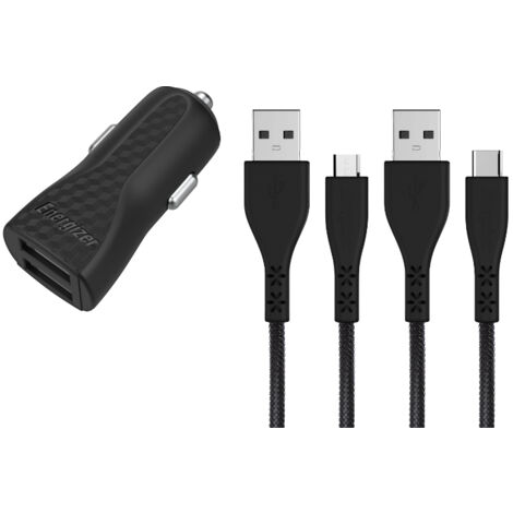 Energizer HardCase - 2x Chargeur de voiture USB-A 2,4A + Câble USB-C et Micro USB (Noir)