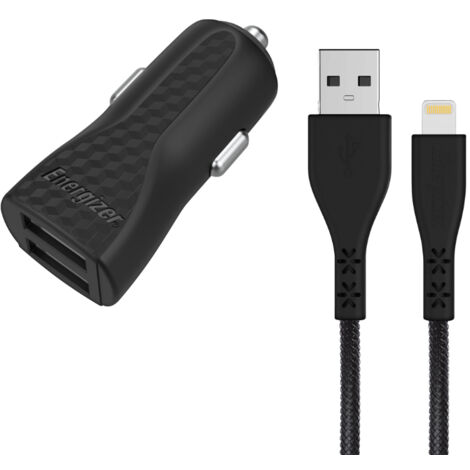 Energizer HardCase – 2x USB-A 17W 3,4A Autoladegerät + MFi-zertifiziertes Lightning-Kabel (Schwarz)