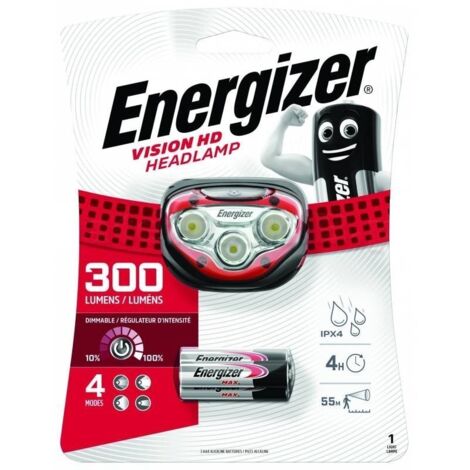 Energizer – Lampe frontale rouge 300lm – Résistance IPX4 – 3 modes d'éclairage – Autonomie jusqu'à 50h – Pour activités en extérieur - HD 300 LM