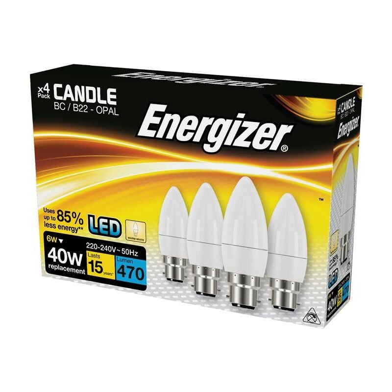 S14331 led bc (B22) Opal Candle Non-Dimmable Bulb, Warm White 470 lm 5.2W (Pack 4) ENGS14331 - Energizer