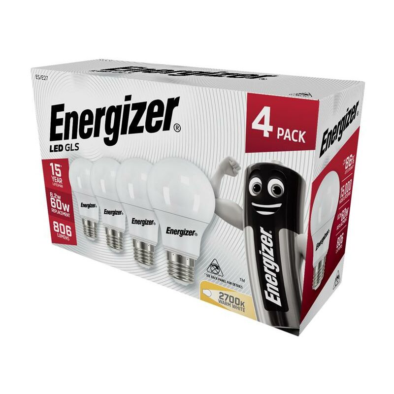 Energizer S14057 LED ES (E27) Opal GLS Non-Dimmable Bulb, Warm White 806 lm 8.2W (Pack 4) ENGS14057