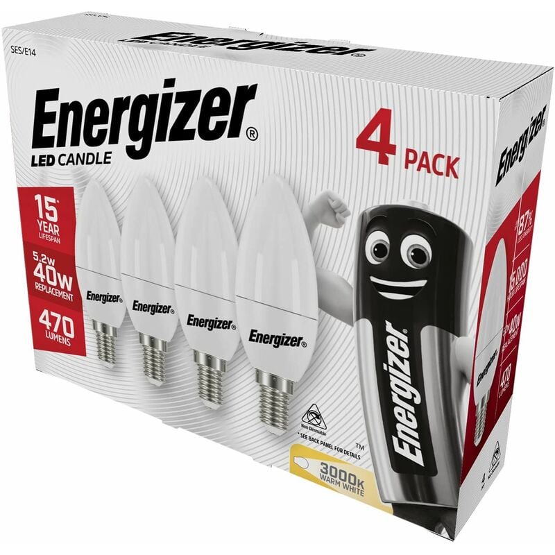 Energizer - led ses (E14) Opal Candle Non-Dimmable Bulb, Warm White 470 lm 5.9W (Pack 4) - ENGS14330