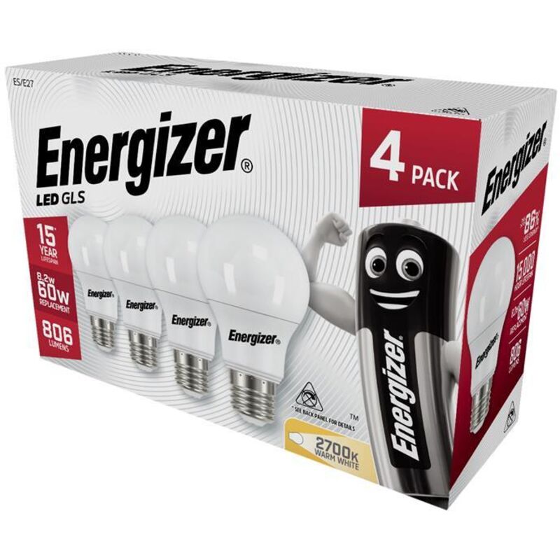 Energizer S14057 LED ES (E27) Opal GLS Non-Dimmable Bulb, Warm White 806 lm 8.2W (Pack 4) ENGS14057