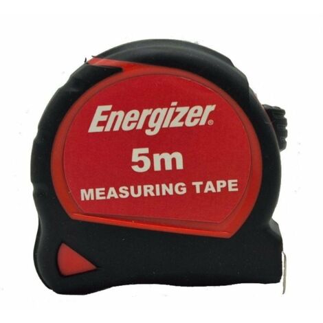 Energizer - Metro a nastro de 5 metri, sistema metrico, colore nero e rosso, Bi Materia Tylon, involucro ergonomico, nastro de acciaio laccato con gancio de 19 mm, bloccaggio de il nastro - ritorno au