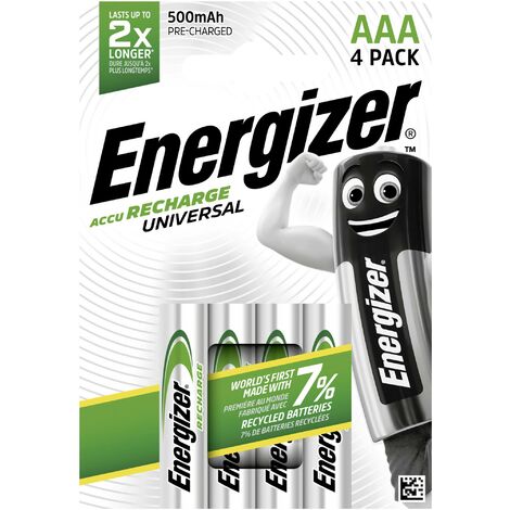 Energizer – Pile rechargeable LR3 (AAA) E301375700 – NiMH 500 mAh 1.2 V – Lot de 4 piles – Autonomie prolongée pour appareils numériques - D571001