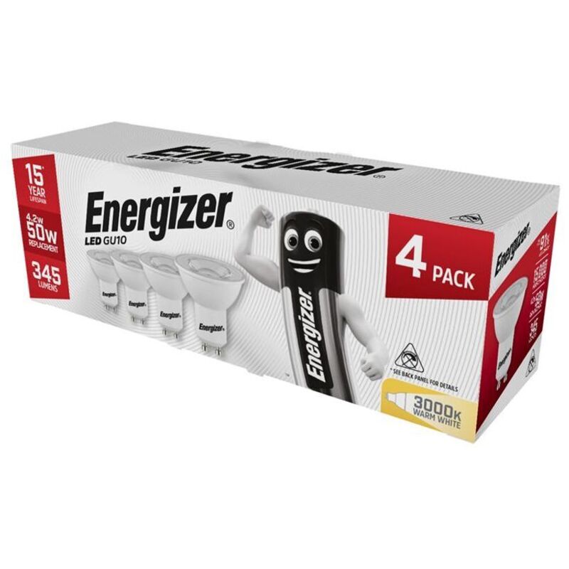Energizer - led GU10 50 Non-Dimmable Bulb, Warm White 345 lm 4.2W (Pack 4) ENGS144