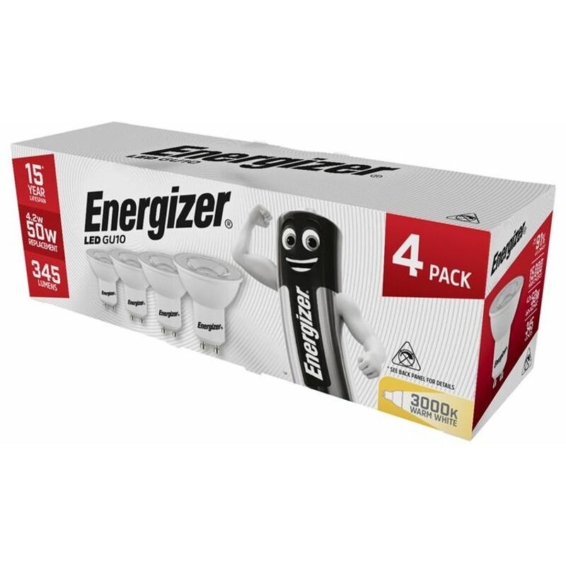 Led GU10 50 Non-Dimmable Bulb, Warm White 345 lm 4.2W (Pack 4) ENGS144 - Energizer