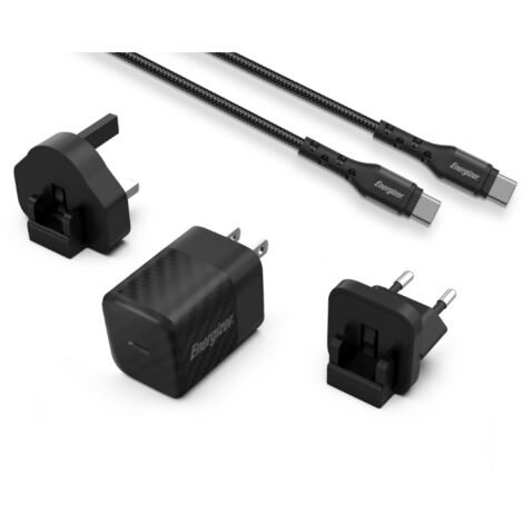 Energizer Ultimate - Chargeur mural Multiplug EU / UK / US GaN USB-C 20W PD + câble USB-C (Noir)
