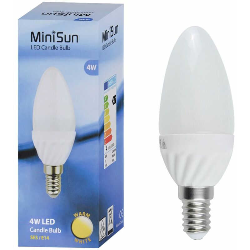 Minisun - 4W SES E14 Frosted Candle LED Plastic Bulb 3000K - Pack of 2