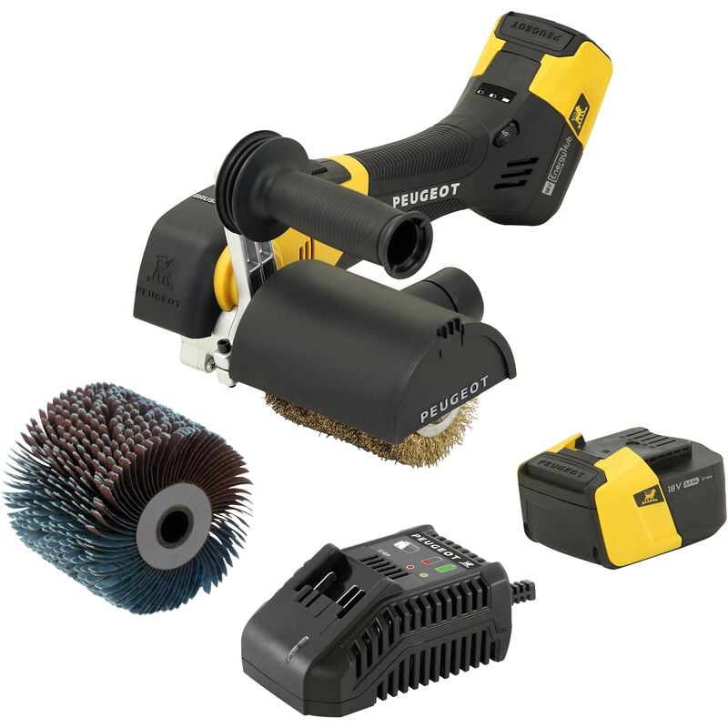 Peugeot Outillage - EnergyBrush-18VBL Rénovateur ss fil brushless 18 v + 2 batteries Li-Ion 5,0Ah etchargeur + 1 brosse laitonnée - Garantie 3 ans,
