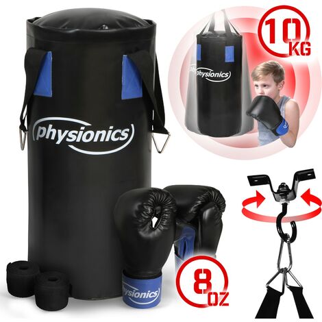 Physionics® Sac de Frappe pour Enfants-Rempli, H55cm/10kg, avec Gants, Bandages, Fixation Plafond, Mousqueton-Sac de Boxe Junior, Punching Bag, Équipement de MMA, Muay Thai, Kickboxing, Arts Martiaux