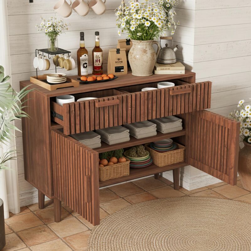 Enfilade 100x35x80 cm en bois massif, avec tiroirs et portes, Finition en noyer naturel, Idéal pour salon et salle à manger