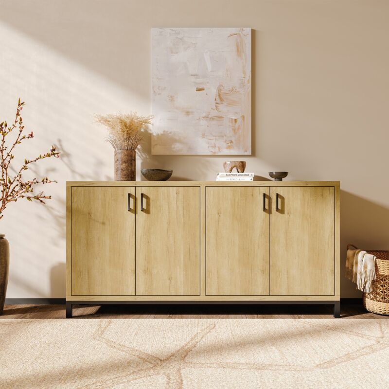 Enfilade 160x35x80 cm, avec 4 portes, large surface de travail, poignées métalliques noires et base en métal, design moderne et épuré - Naturelle