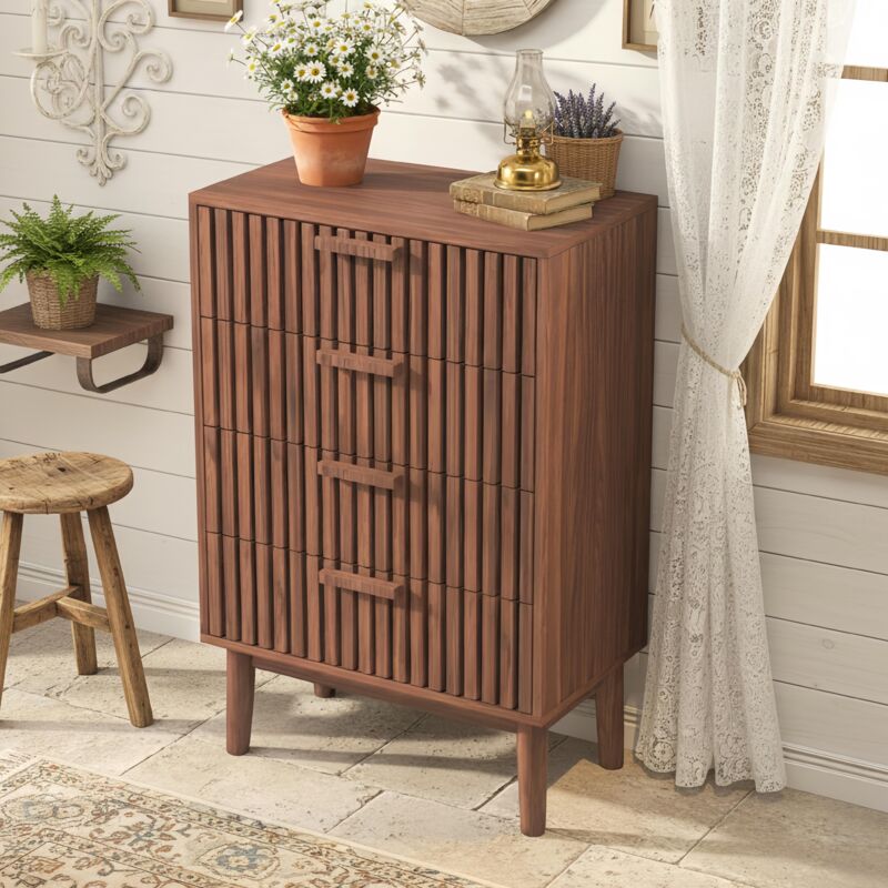 Enfilade 60x34x91 cm en bois massif, 4 tiroirs, Design à rayures verticales, Finition en noyer naturel, Idéal pour salon et salle à manger