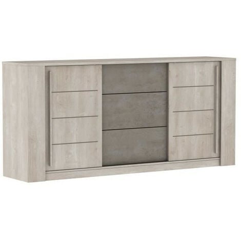 Enfilade ANTIBES 2 portes coulissantes + 3 tiroirs - Décor chene champagne et béton beige - L206 x P44.9 x H94 cm - DEMEYERE