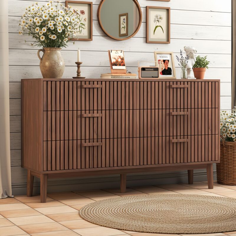 Enfilade en Bois Massif 100x34x73 cm, avec 6 Tiroirs, Design à Rayures Verticales, Finition Noyer Naturel, Idéale pour Salon et Salle à Manger