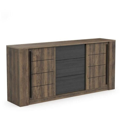 Enfilade MONACO - Décor chene et noir - 2 Portes coulissantes + 3 Tiroirs - L206 x P44,9 x H94 cm - CBA MEUBLES