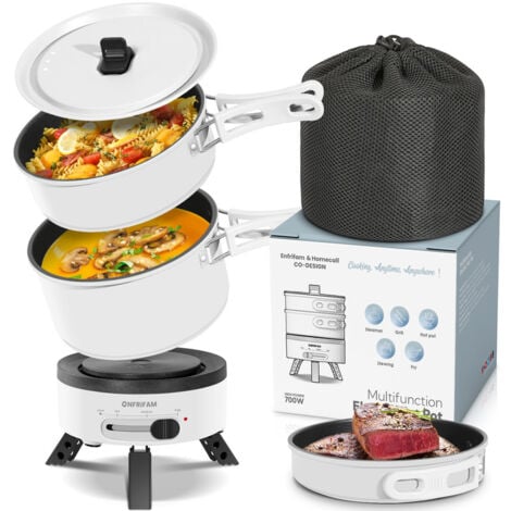 HOMECALL ENFRIFAM Elektrische Multipfanne Elektrische Hot Pot, Multikocher, Elektrische Pfannen, Campingkocher 700,00 W, Fondue Set, Ideal für Büro Wohnheime Hotels Reisen Wohnwagen-weiß(3 st pot)