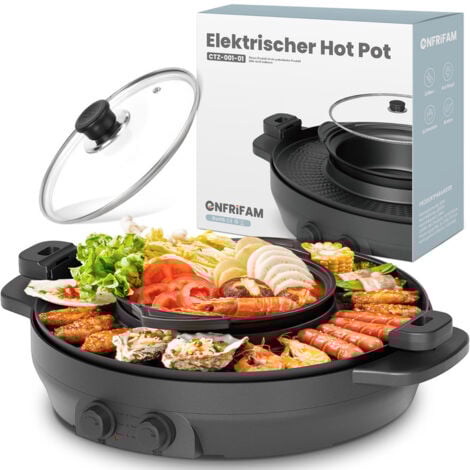 HOMECALL ENFRIFAM Tischgrill Elektrische Hot Pot mit Grill, 2 in 1 Grillplatte Party-Pfanne Elektro , 2200,00 W , Antihaftbeschichtung, für 2-8 Personen, Doppelte Trennung Design