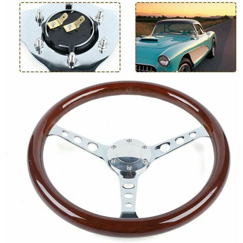 Volant en bois universel professionnel de modification de voiture 380 mm 380 mm avec bouton de klaxon marron