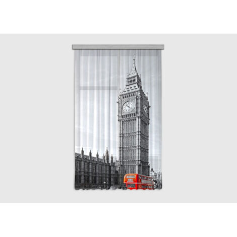 England, rideau imprimé Big Ben et bus anglais couleur rouge 140x245 cm, 1 part - Multicolor