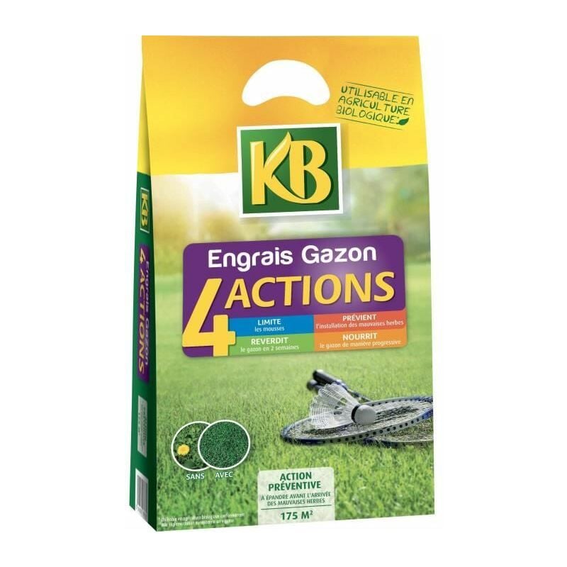 Engrais a Gazon KB K4MP - 4 Actions - 7 kg - Limite les mousses - Prévient les mauvaises herbes - Surface 280m²