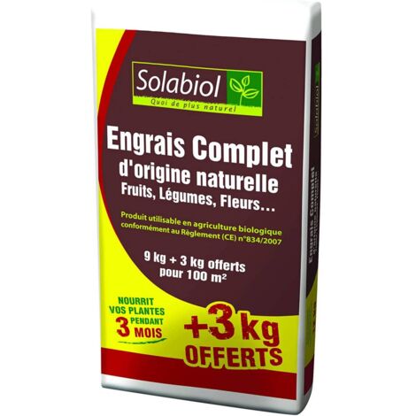 Engrais complet en mini-granulés 9kg + 3kg offerts – Double action starter et durable – Utilisable en agriculture biologique – Pour potager et gazon – Solabiol