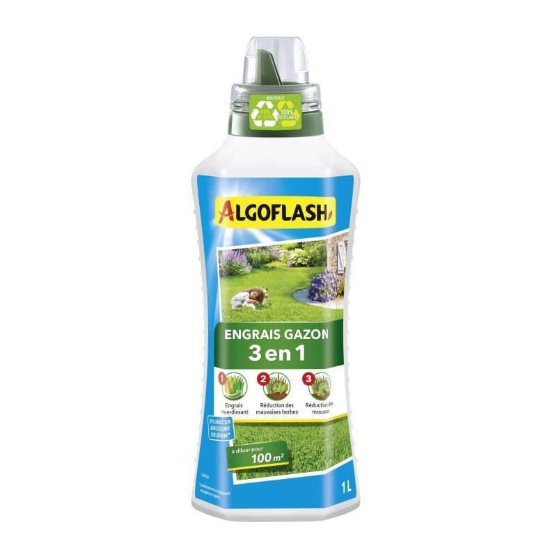 Algoflash - Engrais Gazon Liquide 3 en 1 Concentré 1 l