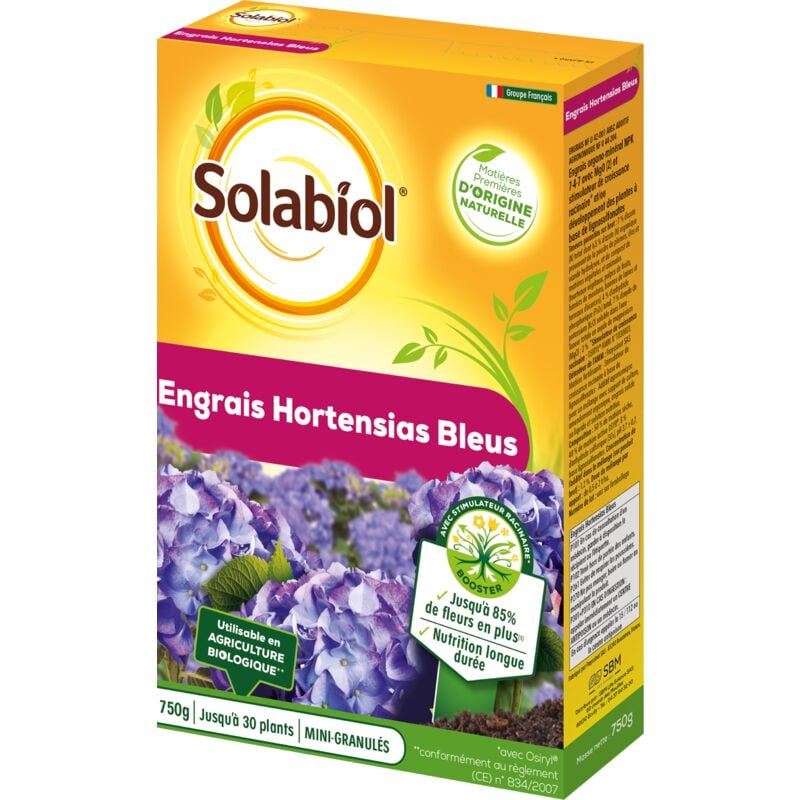 Solabiol - SOHBY750 Engrais Hortensias Floraison 750g Jusqu' à 30 Pieds Utilisable en Agriculture Biologique