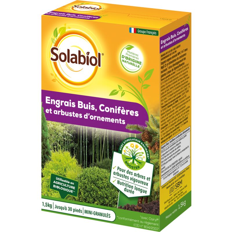 Solabiol - SOCONY15 Engrais Conifères et Arbustes d'ornement 100% Organique Action Longue Durée 1,5 Kg