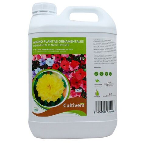 Engrais organique CULTIVERS pour plantes ornementales, 5 L. Engrais liquide avec acides aminés et chélate de fer. Des plantes plus vertes