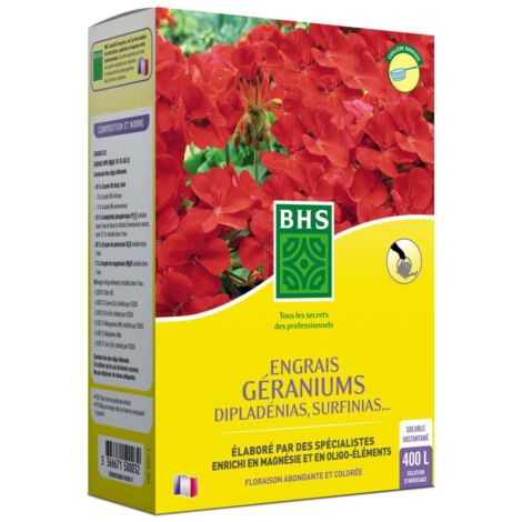 Engrais soluble pour Géraniums Dipladénias, Surfinias , boite de 800grs soit 400L